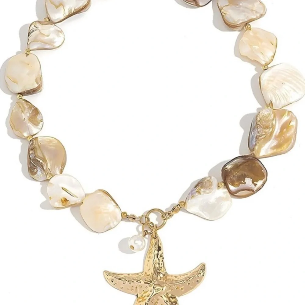 Gold Starfish Pendant Pearl Necklace - Iridescent Shell Beads new